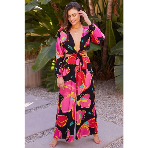 Maaji Pants - New Maaji Pink Floral Long Sleeve Cut-Out Jumpsuit - Size Small